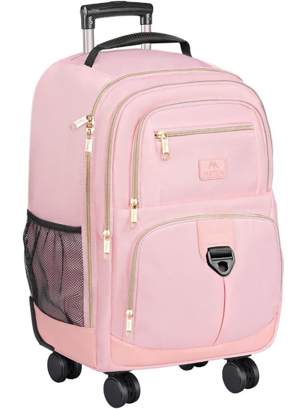 Pink Rolling Backpack, Roller Laptop Bag with 4 Spinner Wheels | 18 inch Extra L